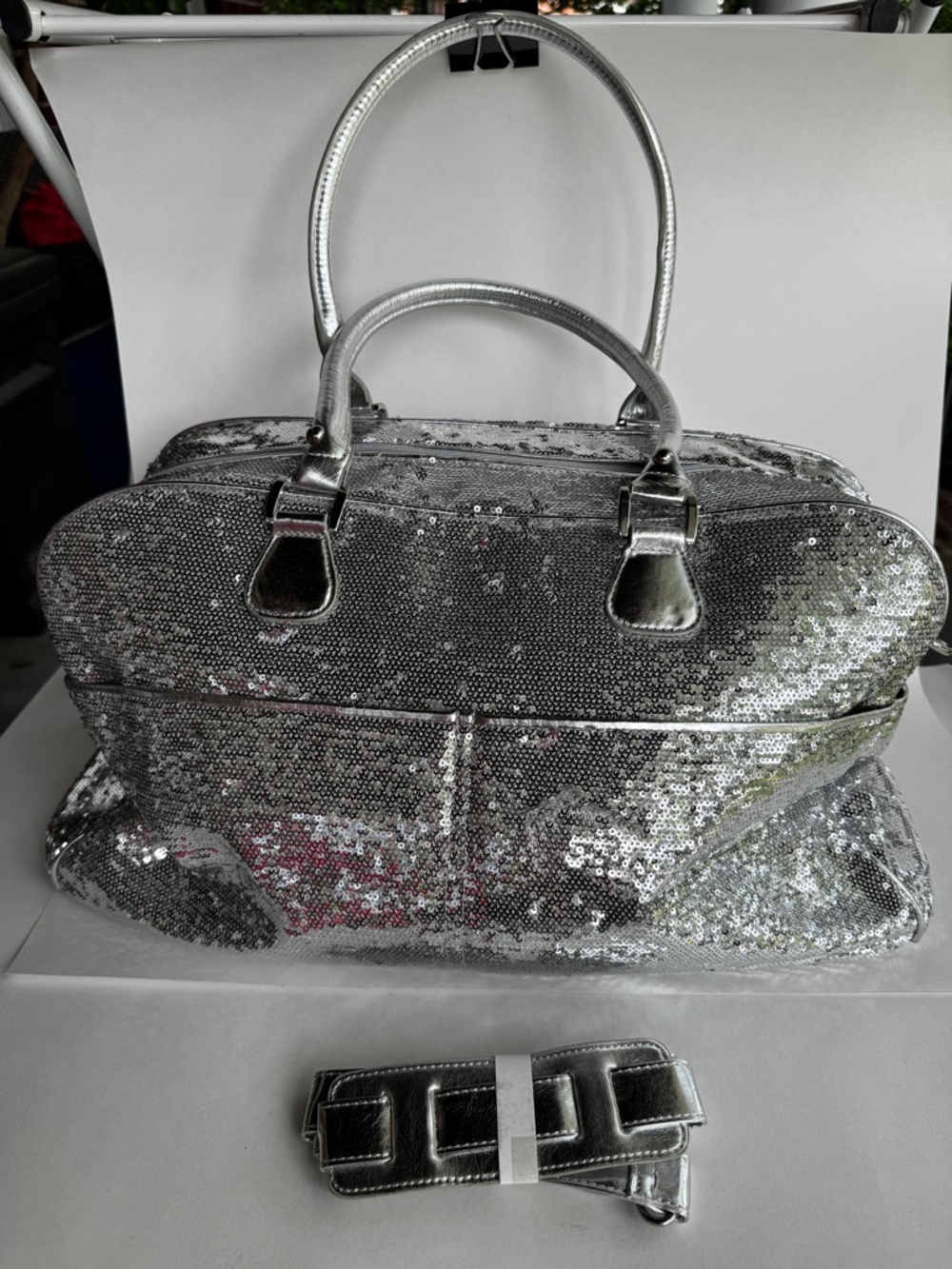 Joan Boyce Silver Sequin Satchel Weekender Bag Dustbag HSN Crossbody Strap